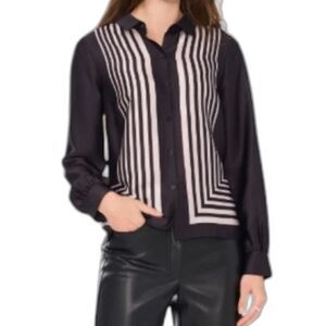 NEW Halogen Small Geo Boxed Black and White Striped Shirt Button-Up Retro Casual
